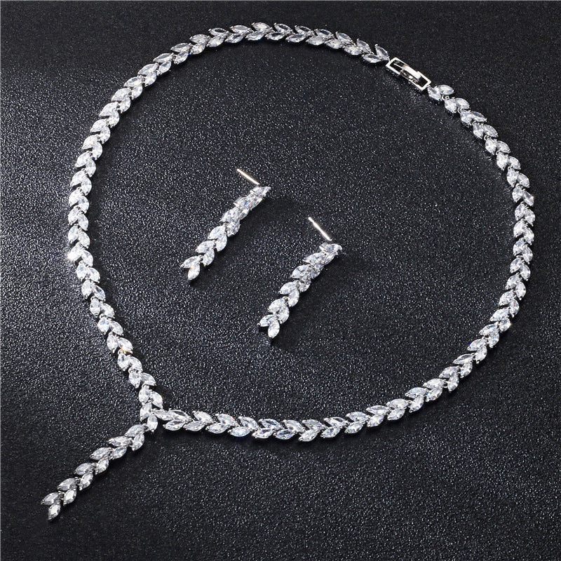 Set de novia: collar en Y y pendientes con circonitas de hojas