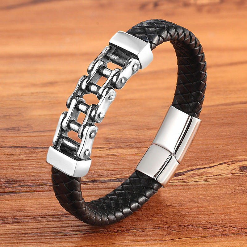 Pulsera de hombre de piel trenzada con cadena de acero