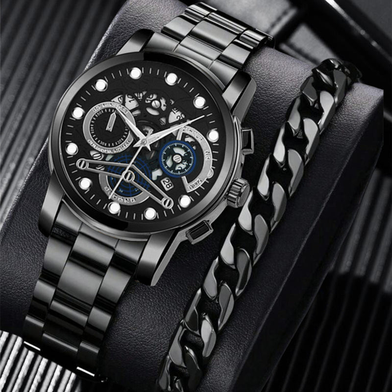Reloj de hombre negro con brazalete metálico y pulsera a juego
