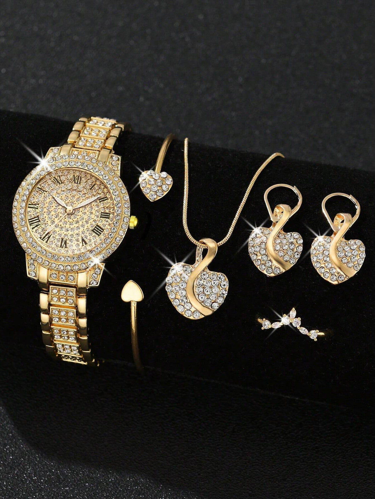 Set de reloj de mujer con brillos y bisutería a juego (5 piezas)