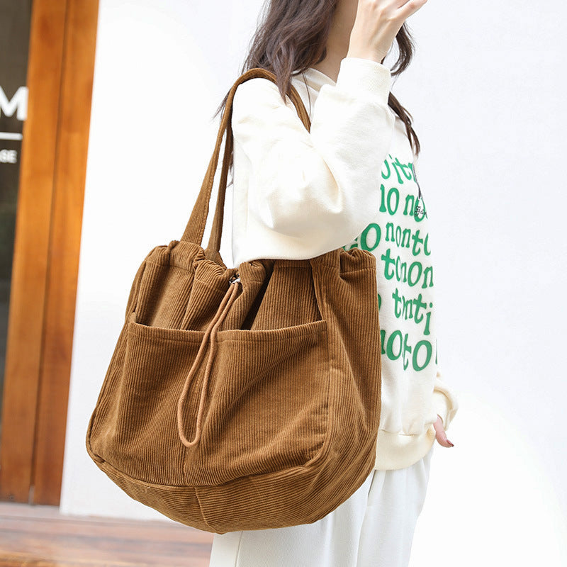 Bolso de hombro de pana para mujer con cordón y bolsillos