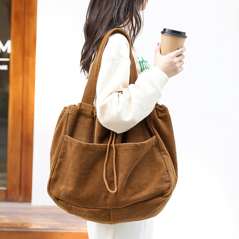 Bolso de hombro de pana para mujer con cordón y bolsillos