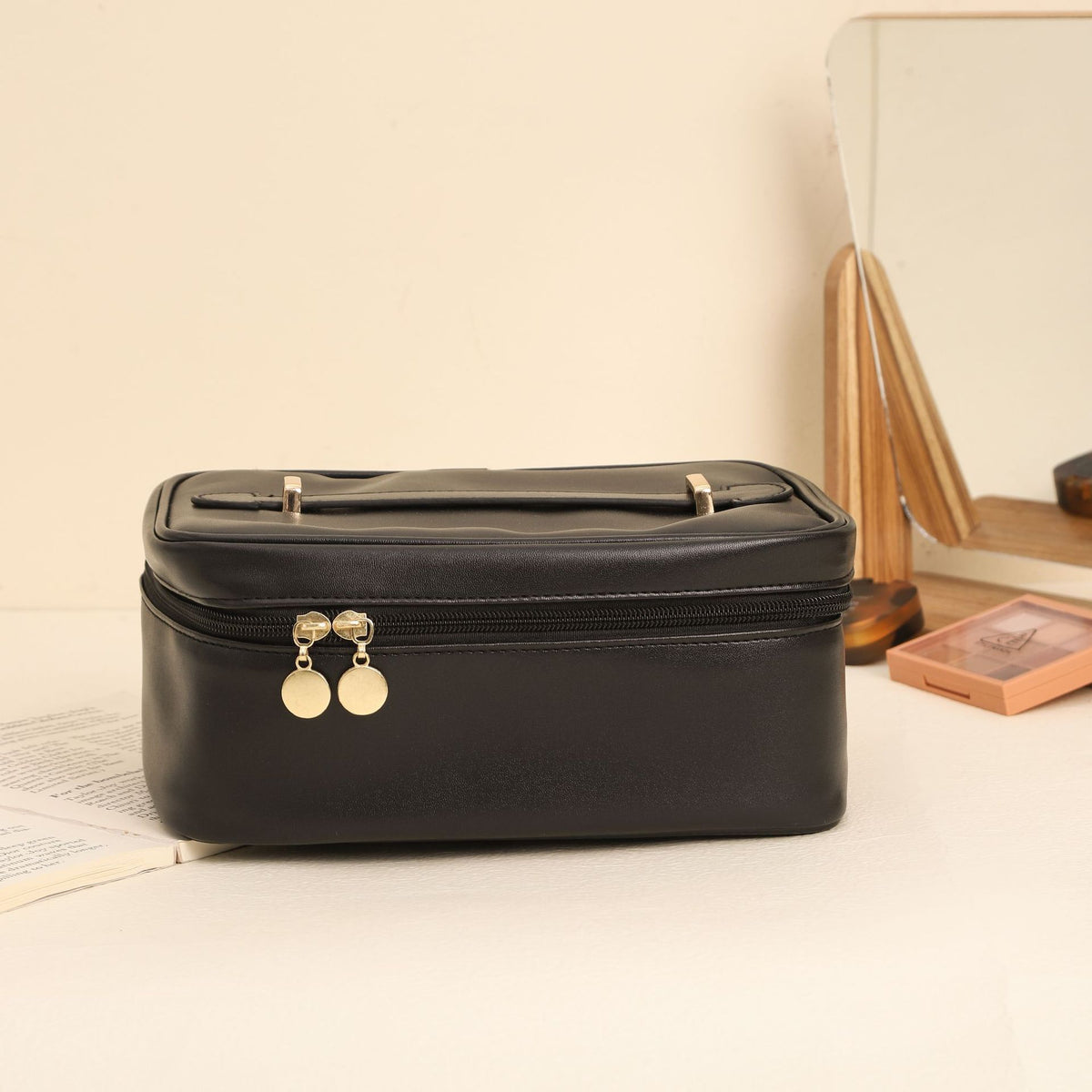 Neceser de maquillaje de viaje con asa, de piel sintética